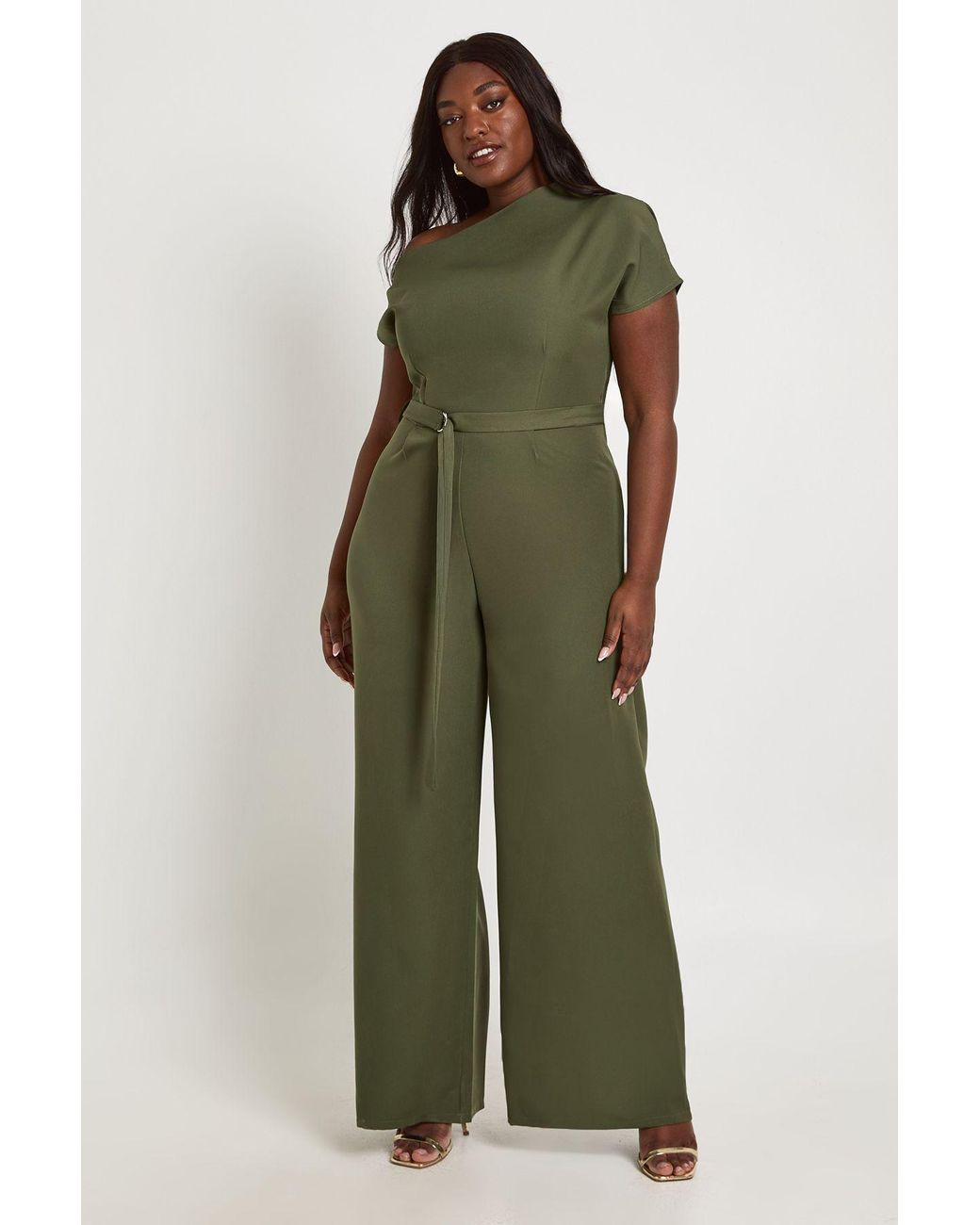Boohoo Green Plus Asymmetric Belted Jumpsuit