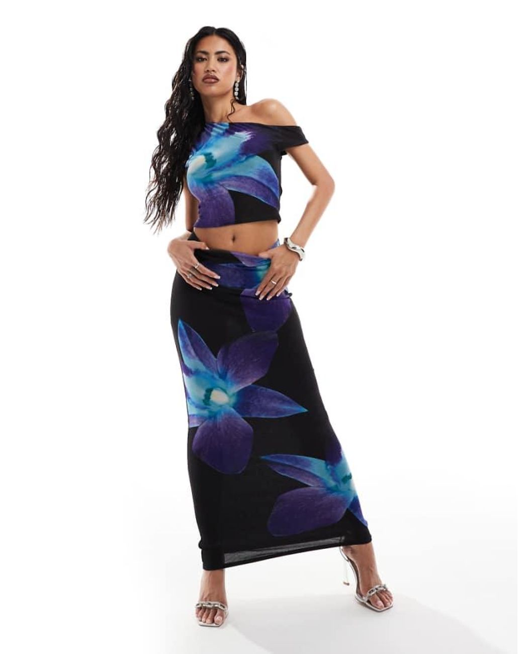 Kaiia Blue Exclusive Mesh Column Maxi Skirt Co-Ord