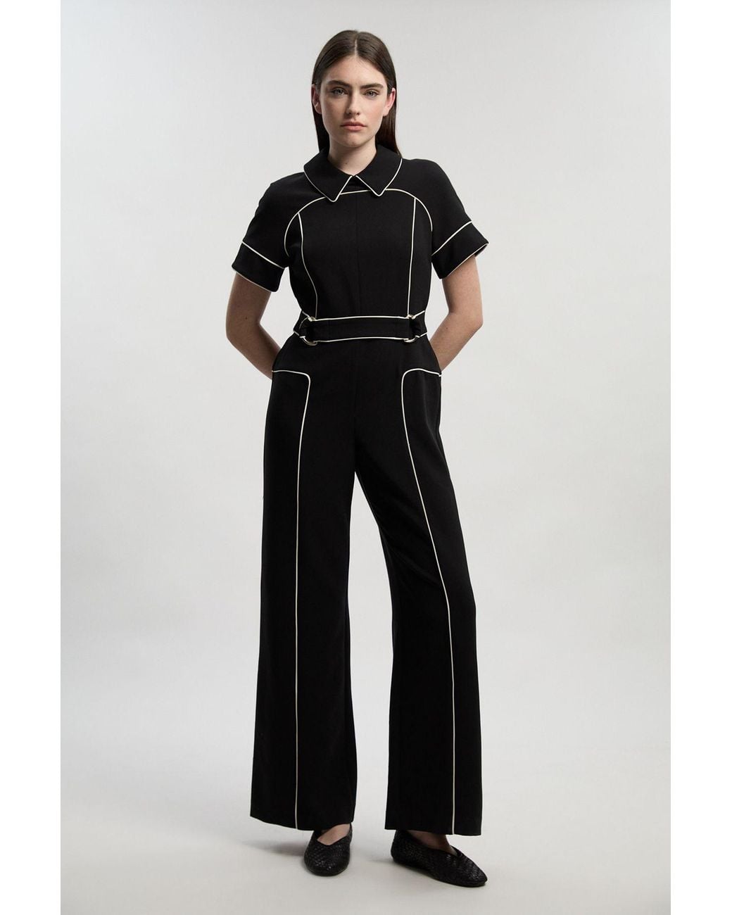 Karen Millen Black Compact Stretch Contrast Tipped Tab Detail Tailored Jumpsuit