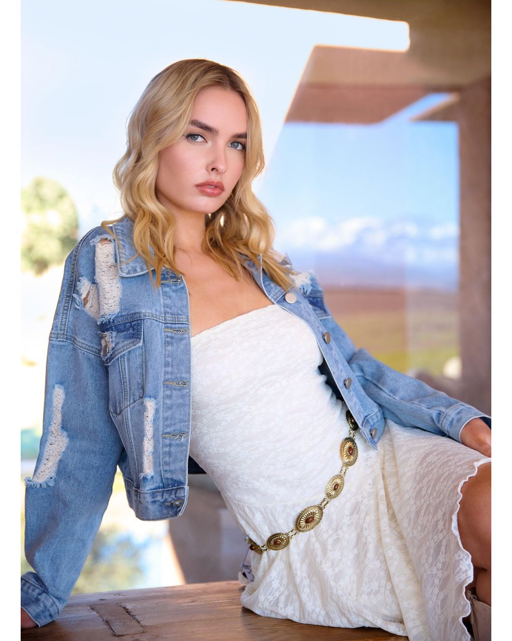 Pink Vanilla Blue Distressed Cropped Denim Jacket