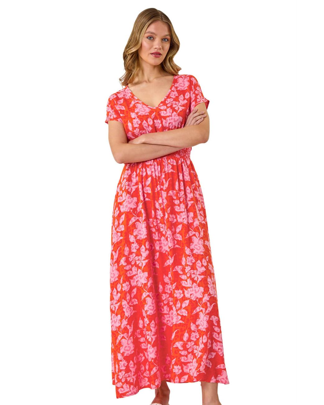 Roman Floral Print Shirred Maxi Dress