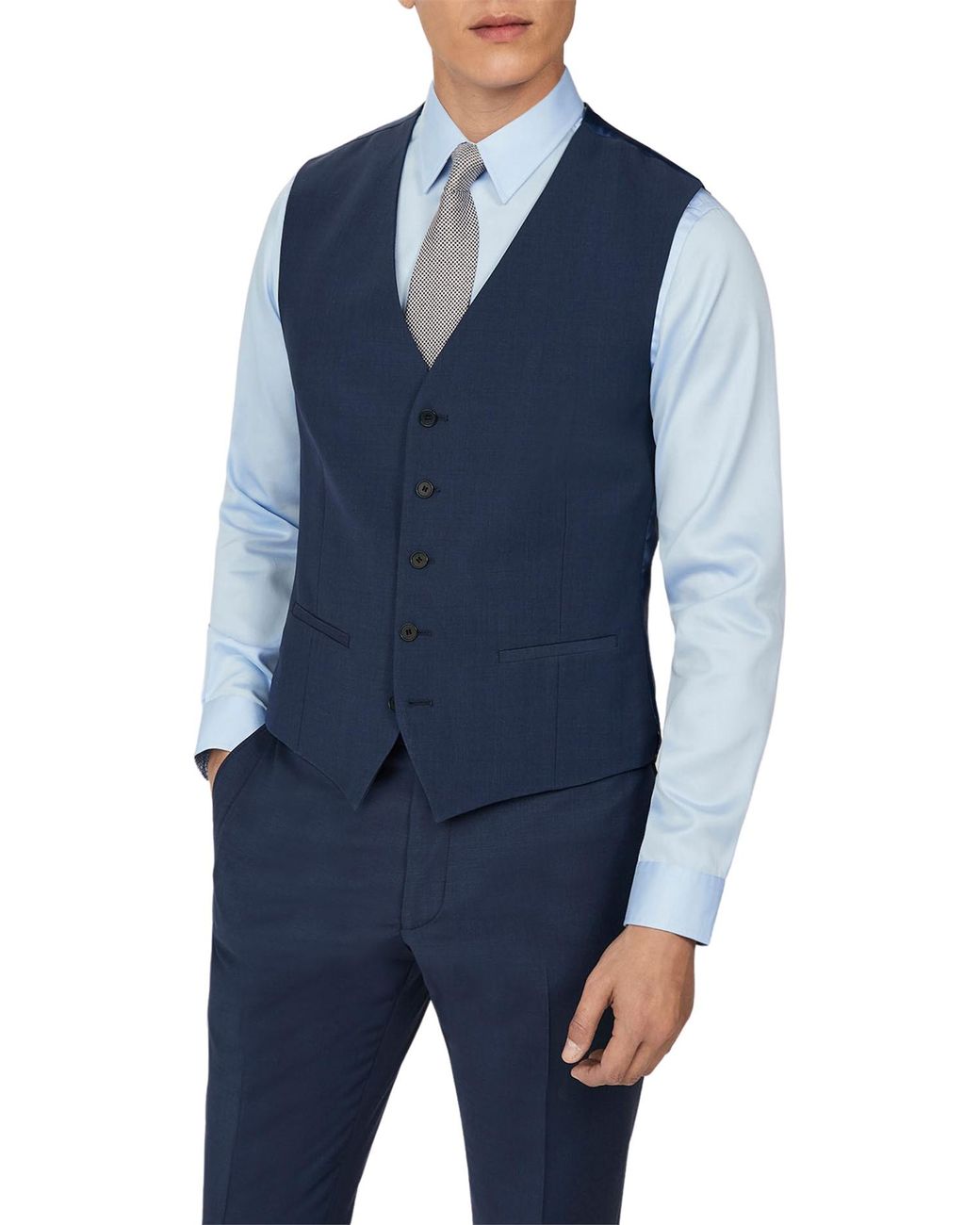 Ted Baker Blue Single Breasted Five Button V-Neck Slim Fit Suit Waistcoat for men