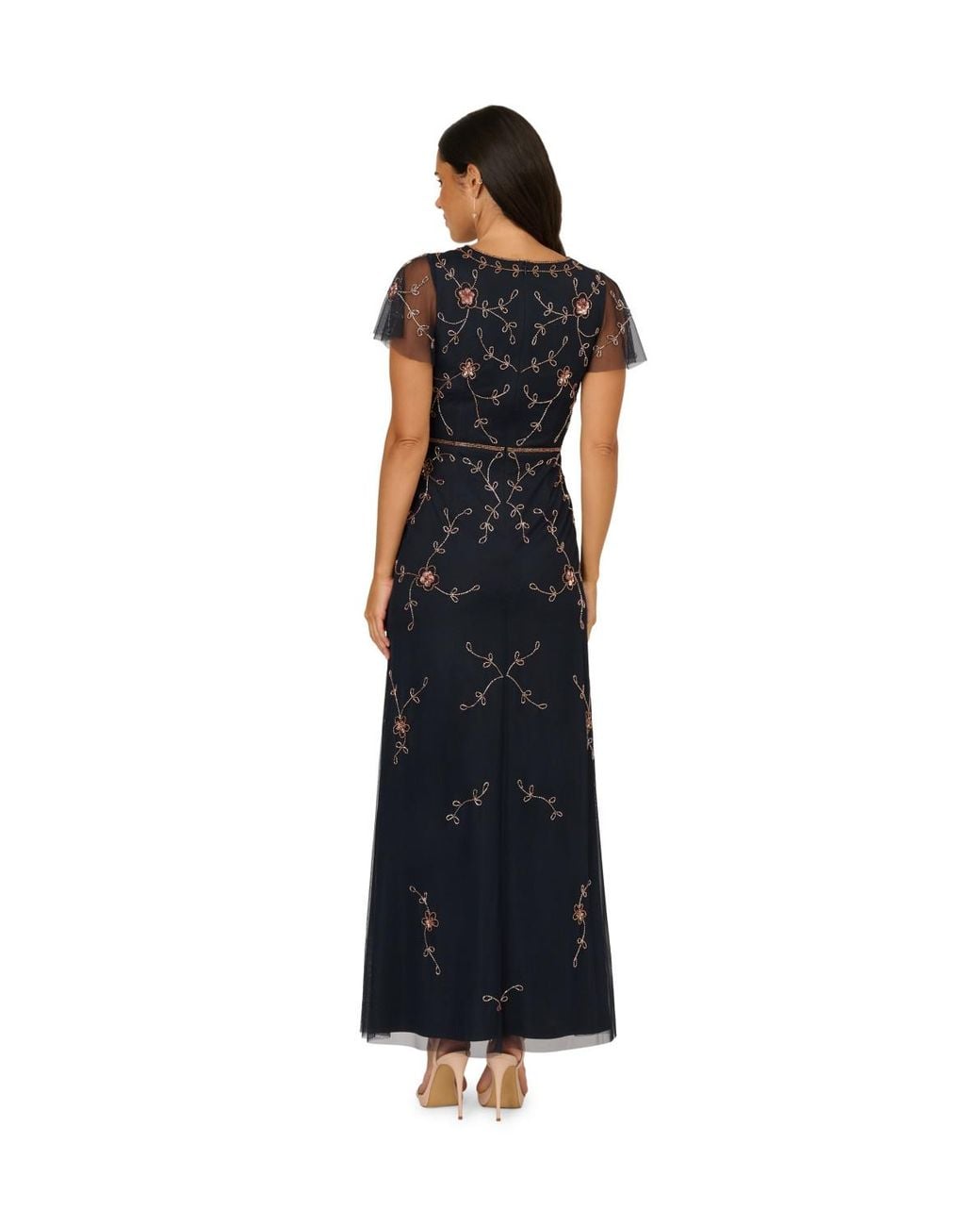 Adrianna Papell Black Studio Bead V Neck Long Dress