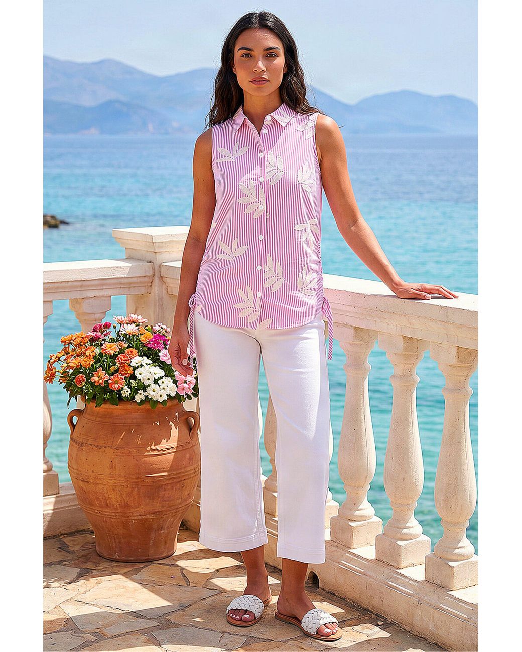 Roman Pink Stripe Leaf Embroidered Button Up Blouse