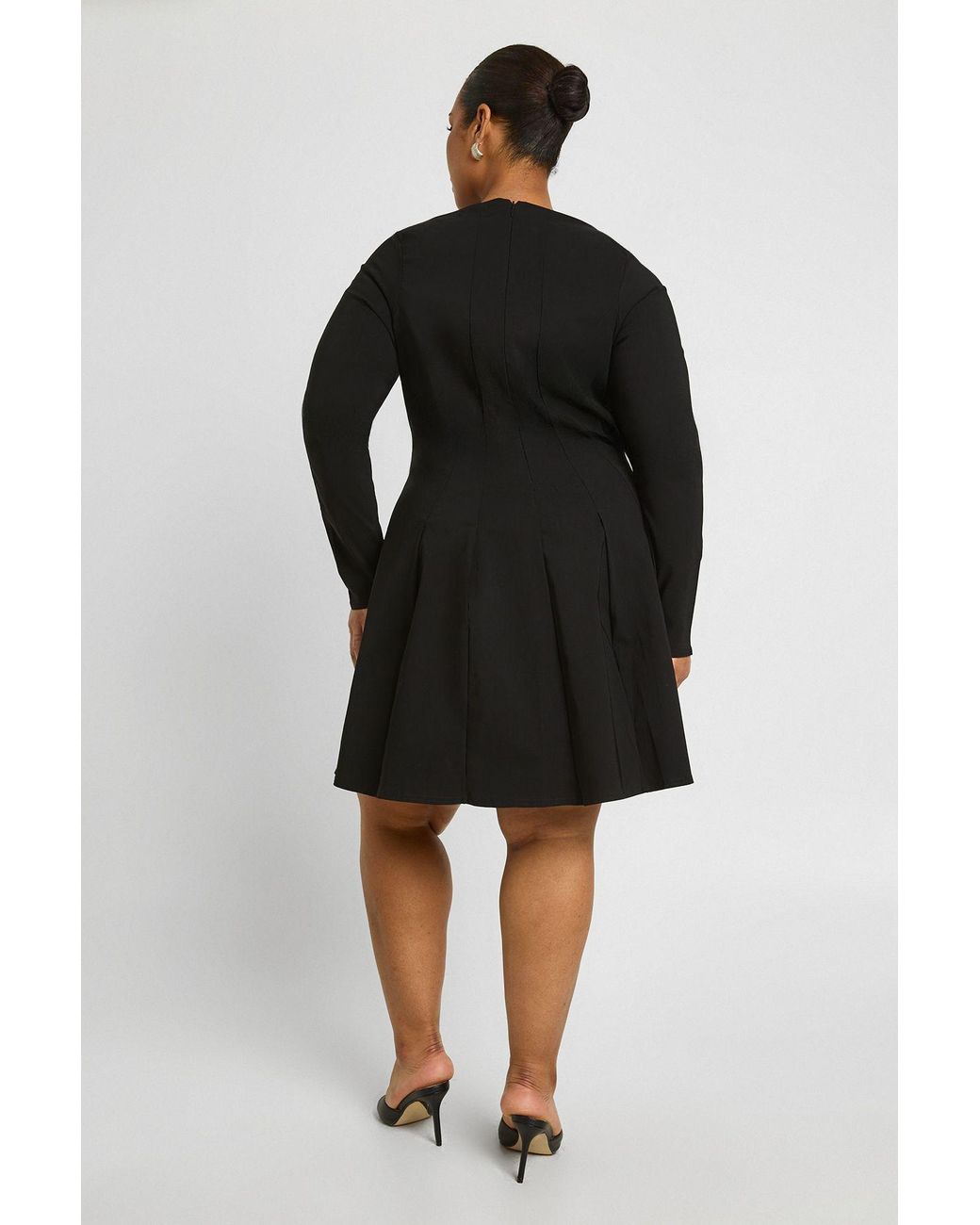 Boohoo Black Plus Bengaline Pleated Long Sleeve Skater Dress