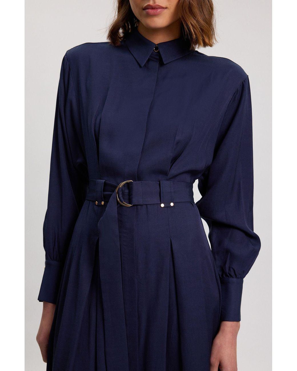Karen Millen Blue Premium Viscose Linen Woven Shirt Dress With Buckle Belt