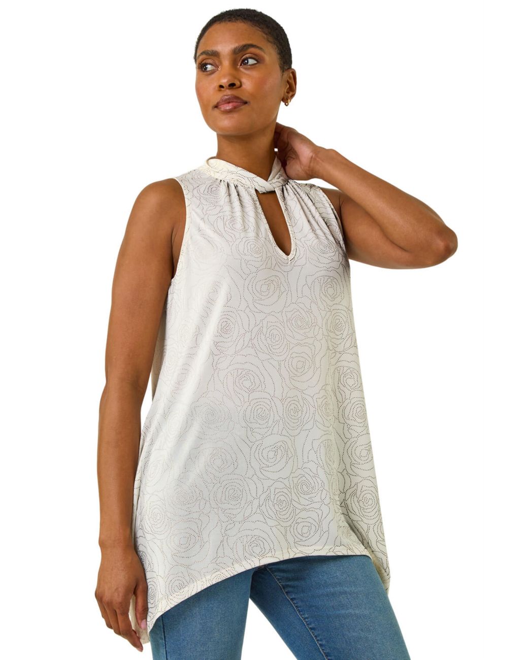 Roman White Foil Rose Twist Neck Top