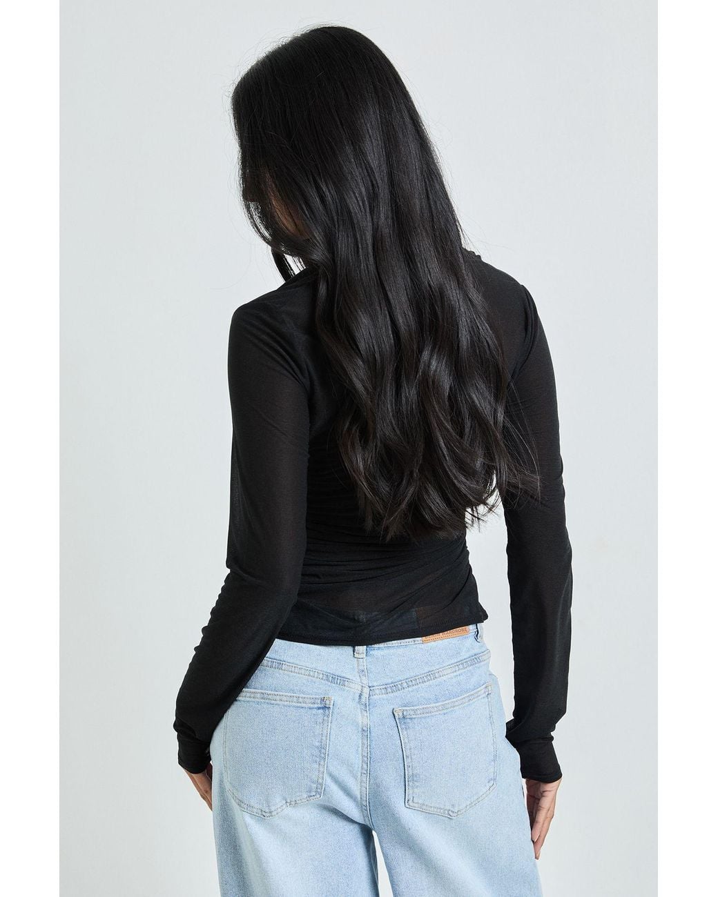 Boohoo Blue Sheer Textured Wrap Neck Long Sleeve Top