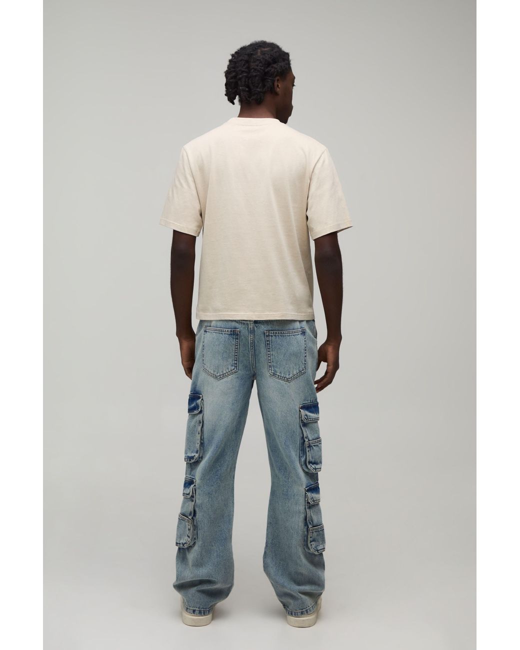 BoohooMAN Blue Washed Relaxed Fit Cargo Flared Jeans for men