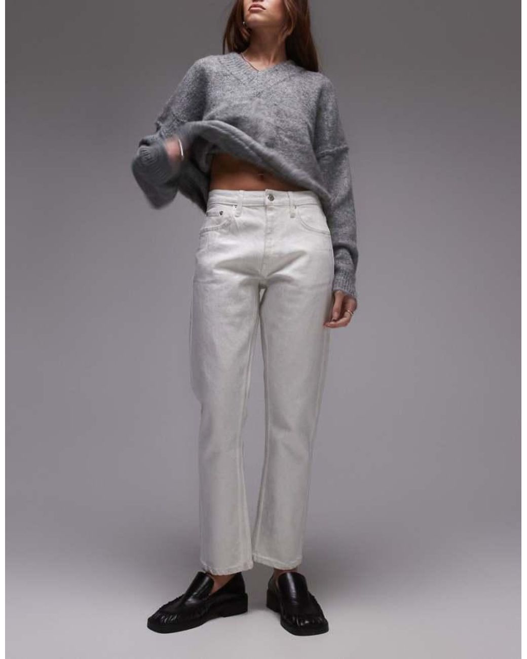TOPSHOP Gray Mid Rise Straight Cropped Foil Jean