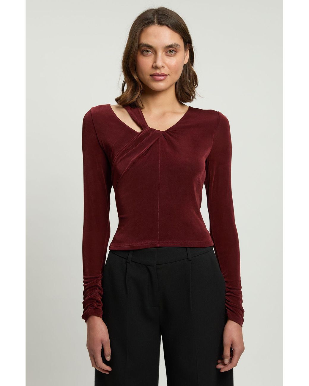 Karen Millen Red Slinky Crepe Twist Detail Long Sleeve Top