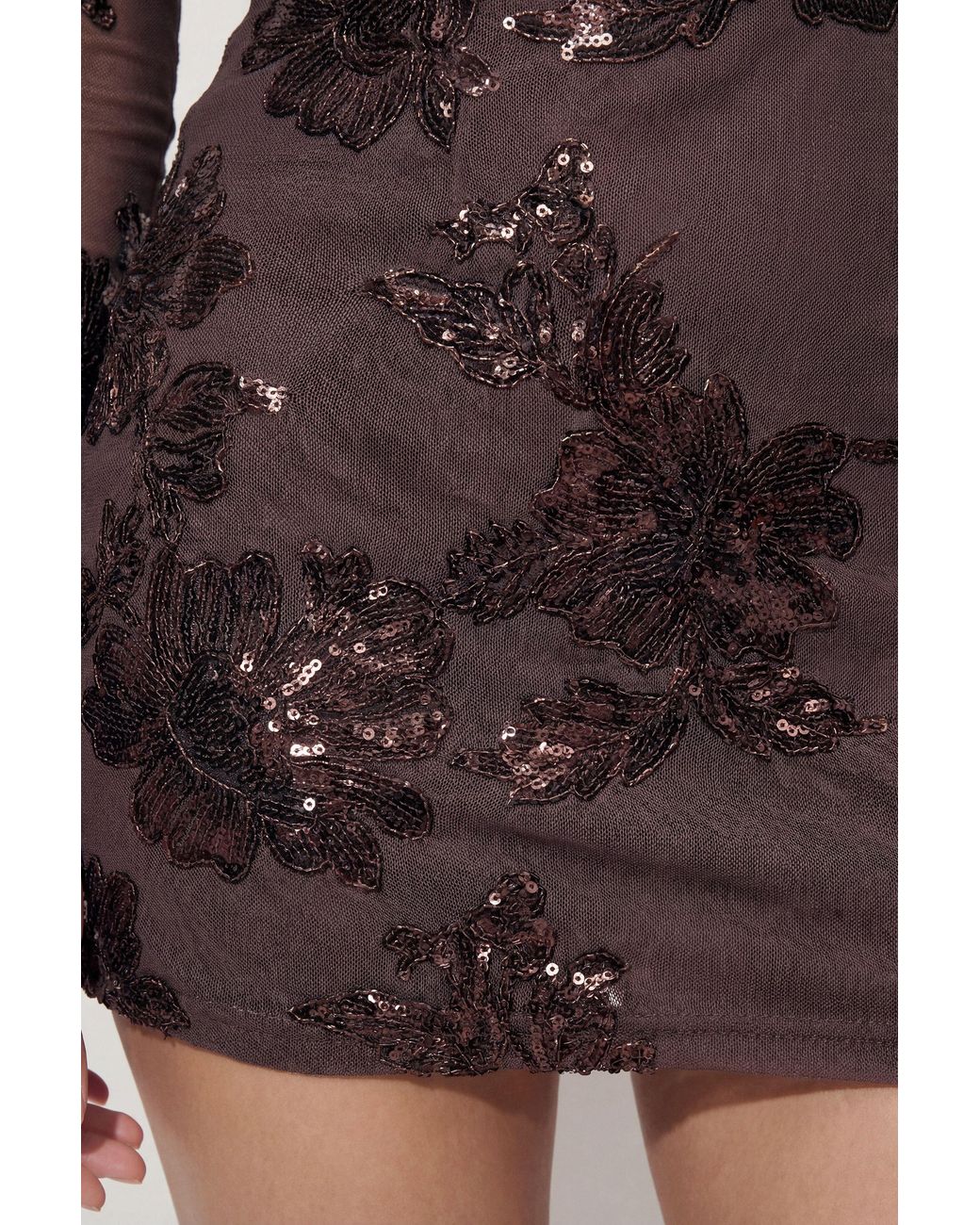 MissPap Brown Textured Floral Mesh Mini Dress