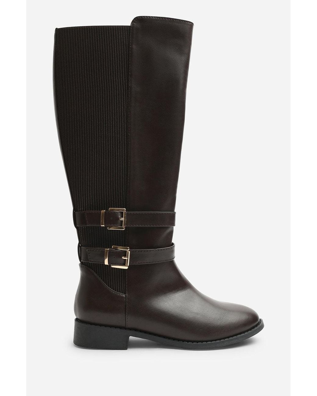 Where's That From Brown Elaris Double Buckle Detail Stretch Elastic Knee High Riding Boots