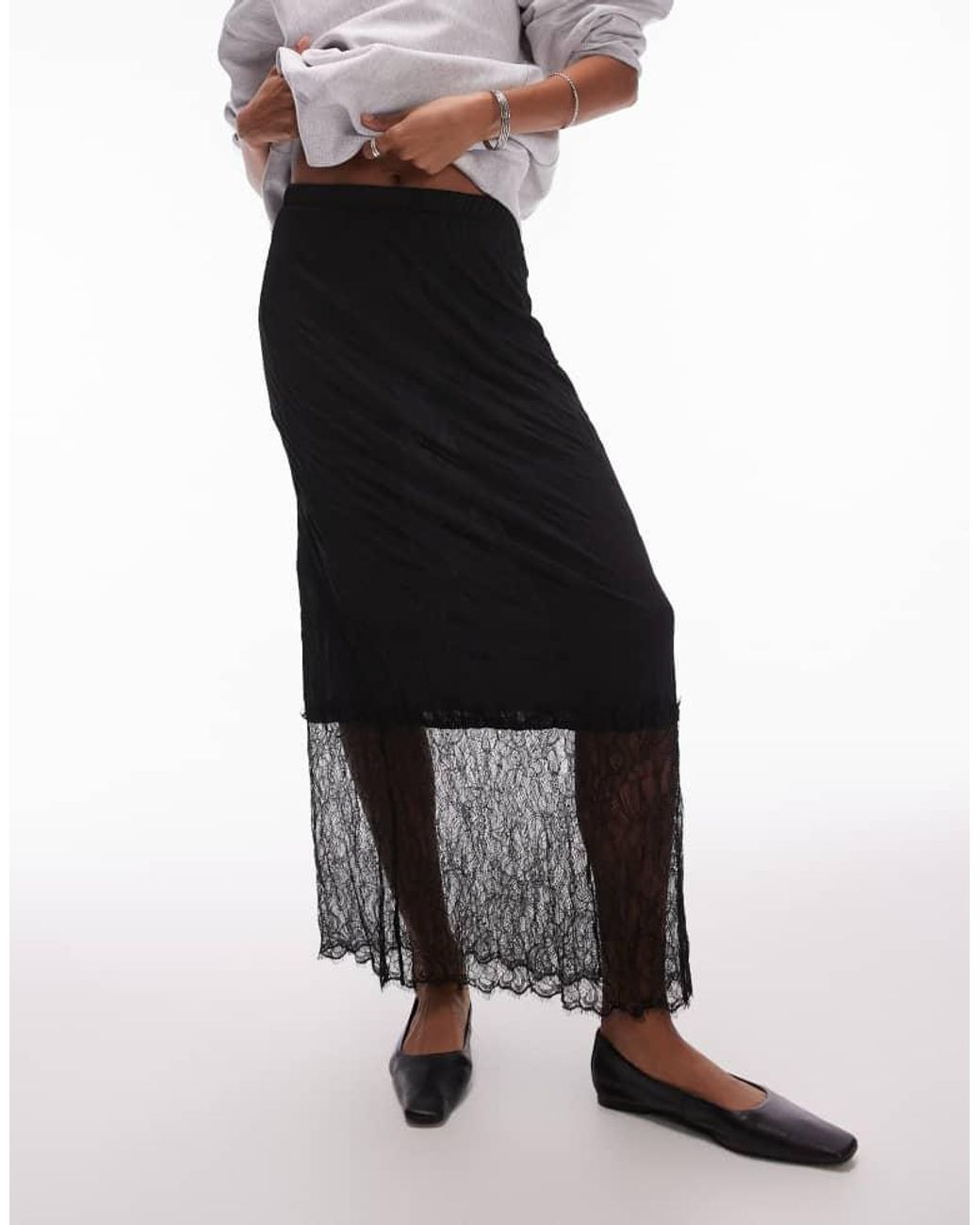 TOPSHOP White Crinkle Lace Hem Detail Midi Skirt