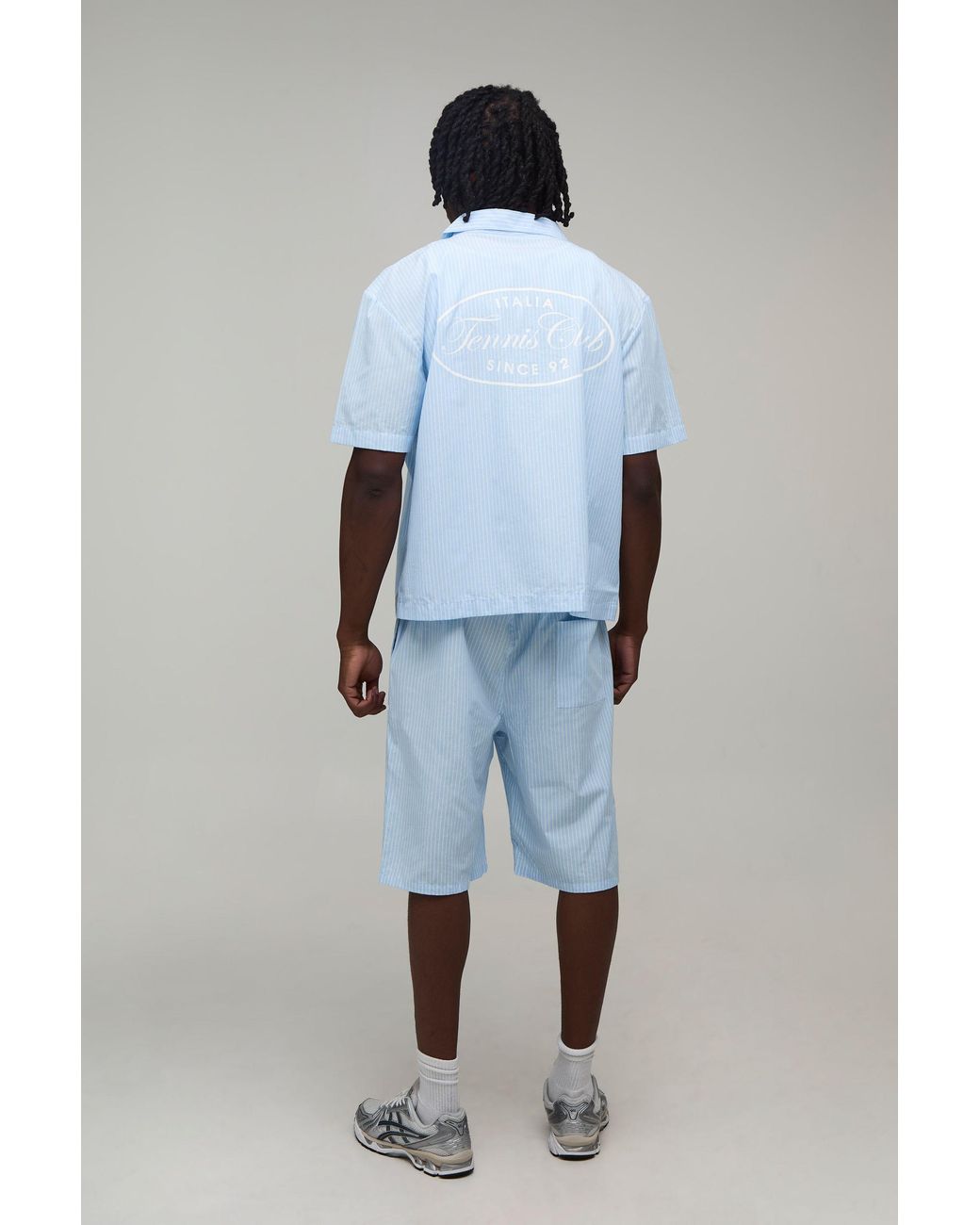 BoohooMAN Blue Tall Oversized Boxy Stripe Tennis Club Print Revere Shirt And Short Set for men