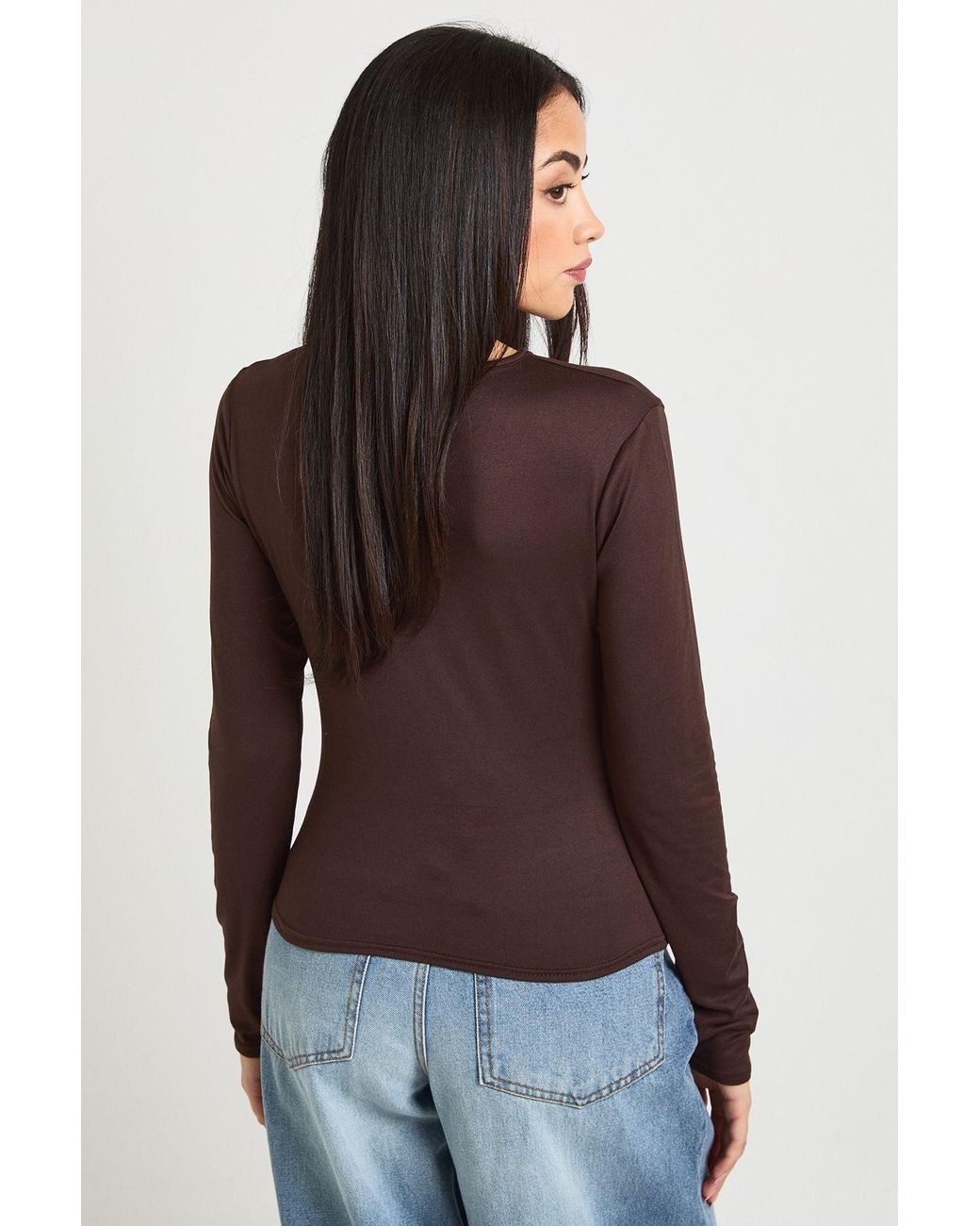 Boohoo Brown Long Sleeve Top With Ruched Asymetric Neck Trim Detail