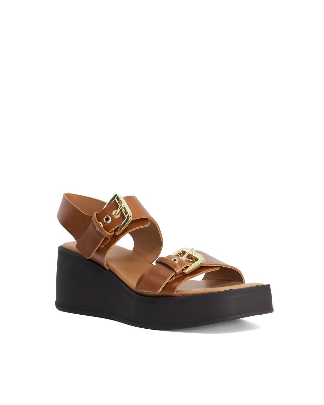 Dune Brown Karola Wedge Double Buckle Sandals