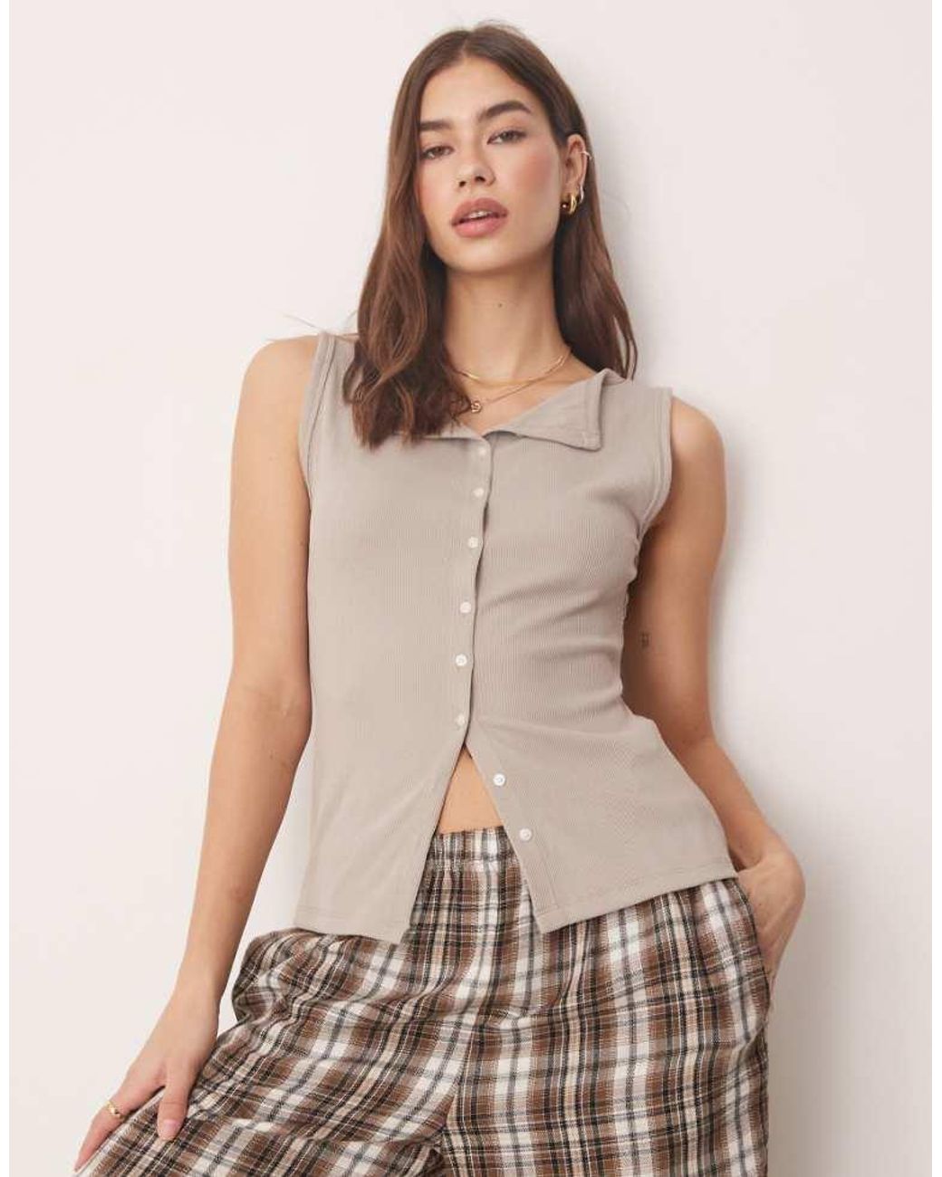 Abercrombie & Fitch Natural Slash Neck Button Through Longline Rib Top