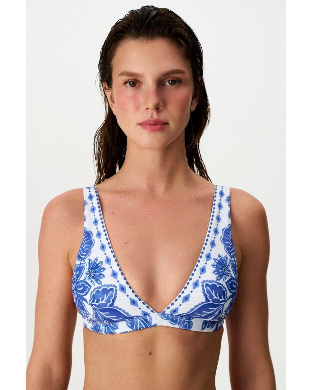 Penti Blue Giana Deep V Neck Floral Bikini Top