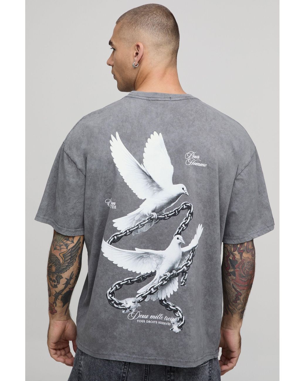 BoohooMAN Gray Acid Oversized Dove Graphic T-Shirt Cotton for men