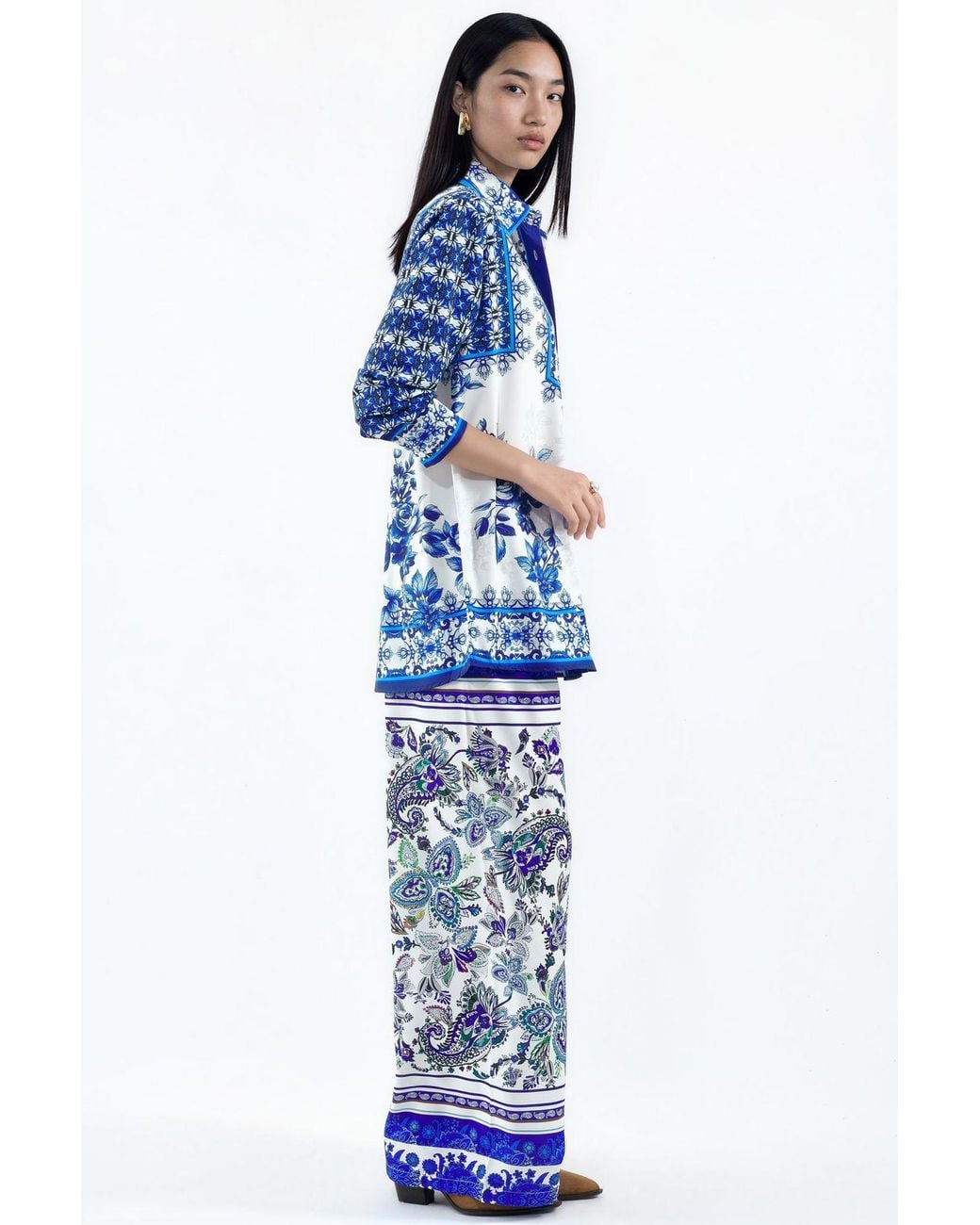 Msn-Collection Blue Floral Shirt And Wide-Leg Trousers Set