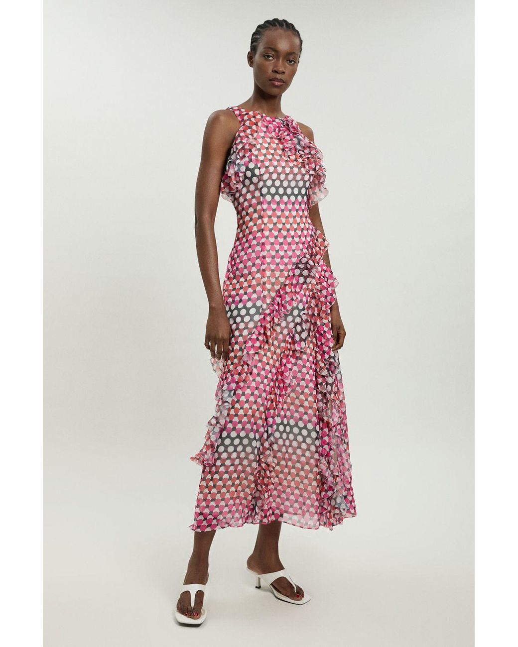 Karen Millen Red Crinkle Georgette Ruffle Detail Halter Neck Woven Maxi Dress