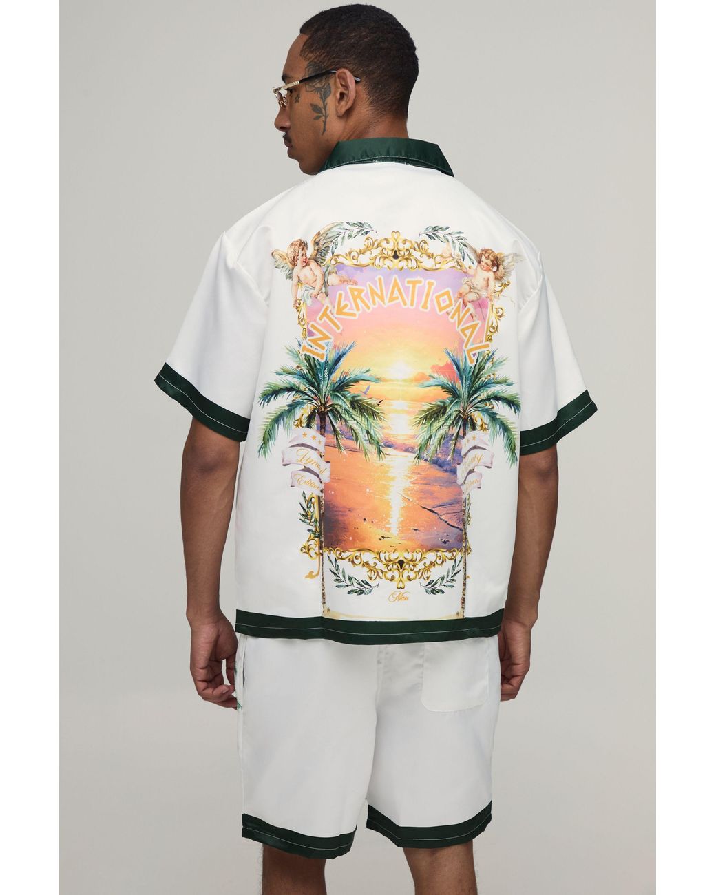 BoohooMAN Gray Oversized Half Sleeve Location Print Satin Shirt & Short Set for men