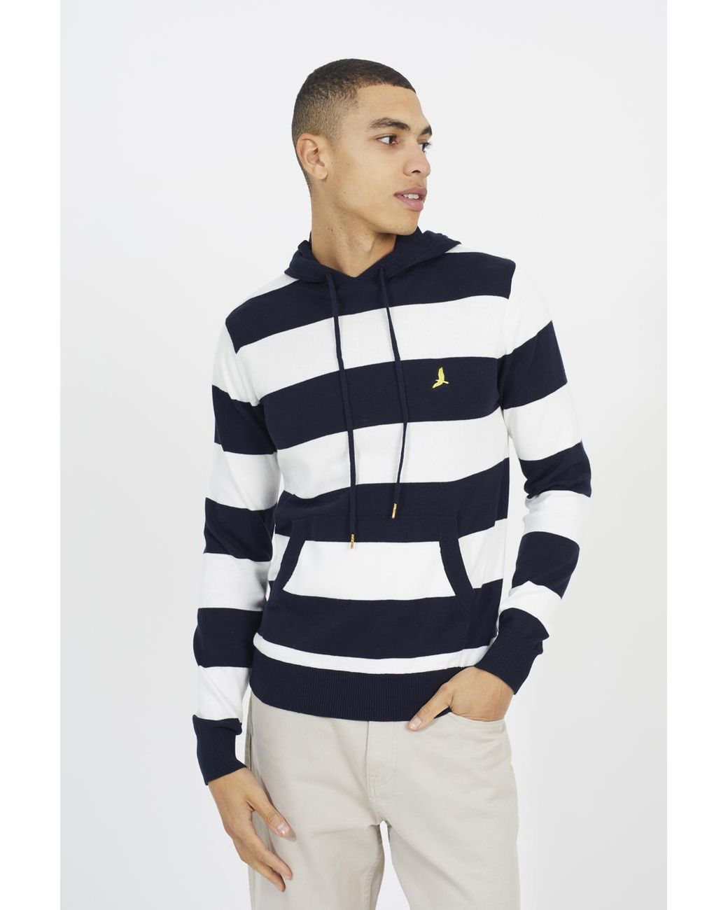 Brave Soul Blue Cotton Striped Knit Hoody for men
