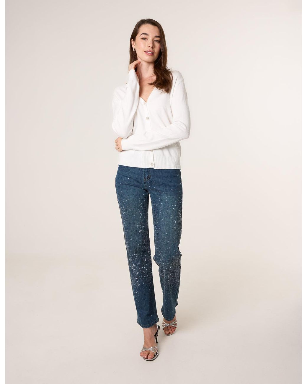 Blue Vanilla White V Neck Diamante Button Cardigan