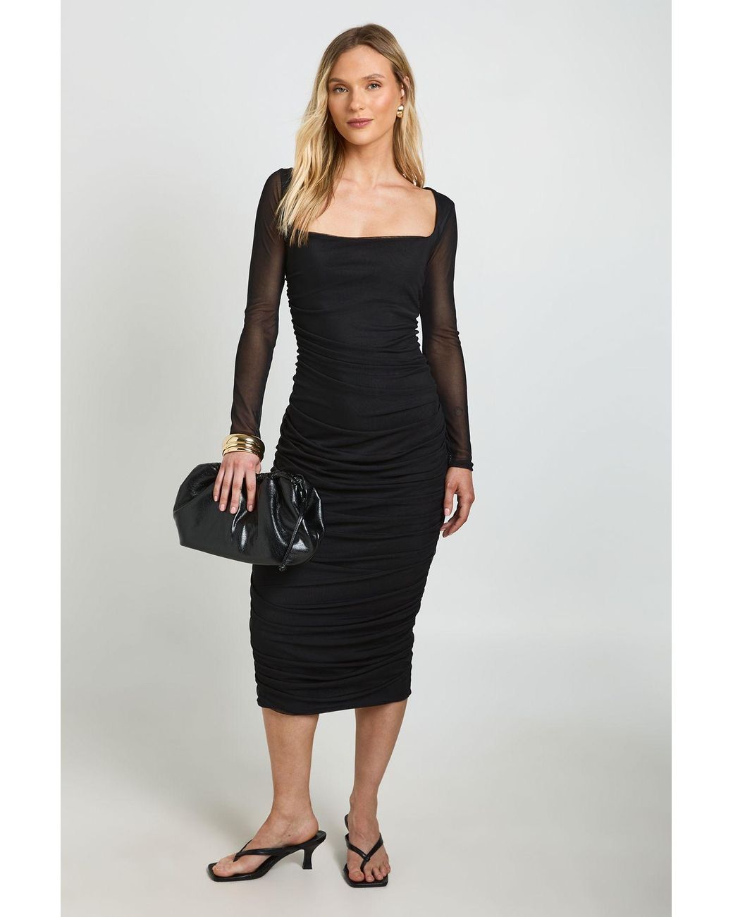 Boohoo Black Petite Square Neck Ruched Mesh Midaxi Dress