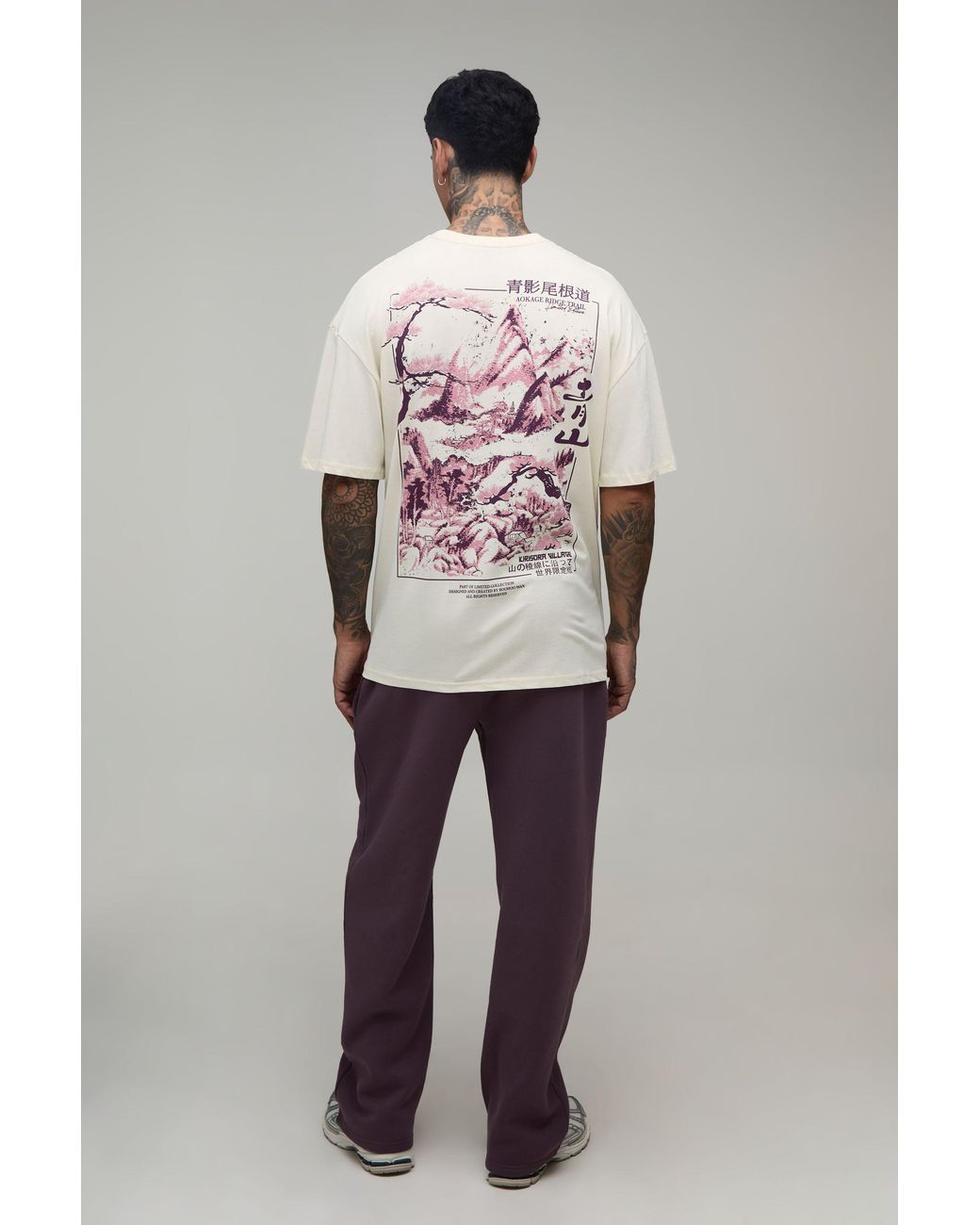 BoohooMAN Gray Tall Oversized Kyoto Mountain Graphic T-Shirt for men