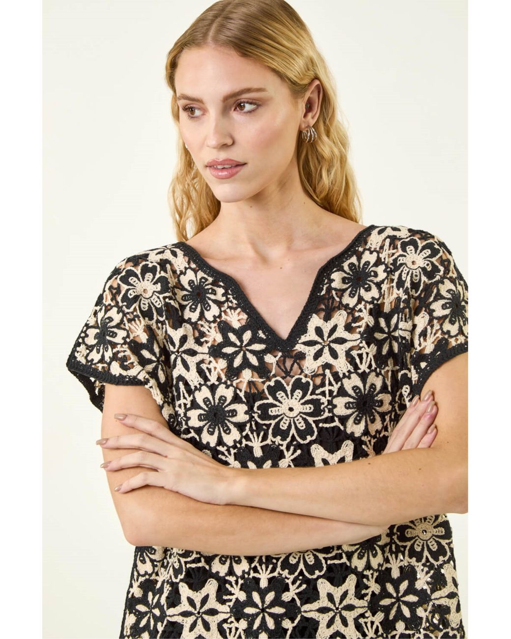 Roman Black Floral Crochet Knit Top