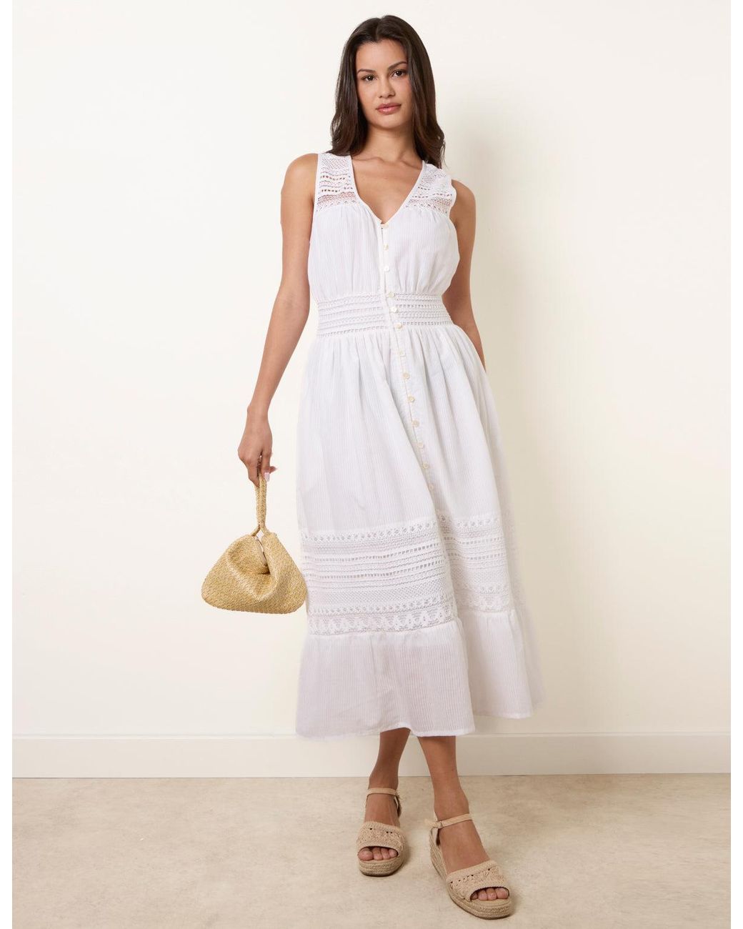 Blue Vanilla Natural Crochet Insert Button Midi Dress