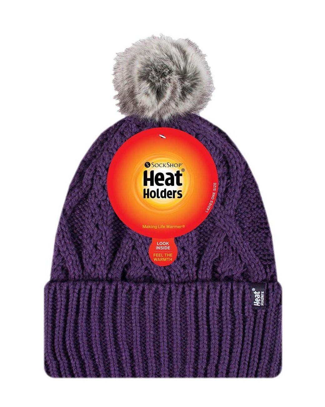 Heat Holders Purple Ladies Ribbed Cuffed Pom Pom Bobble Beanie Hat With Fleece Lining