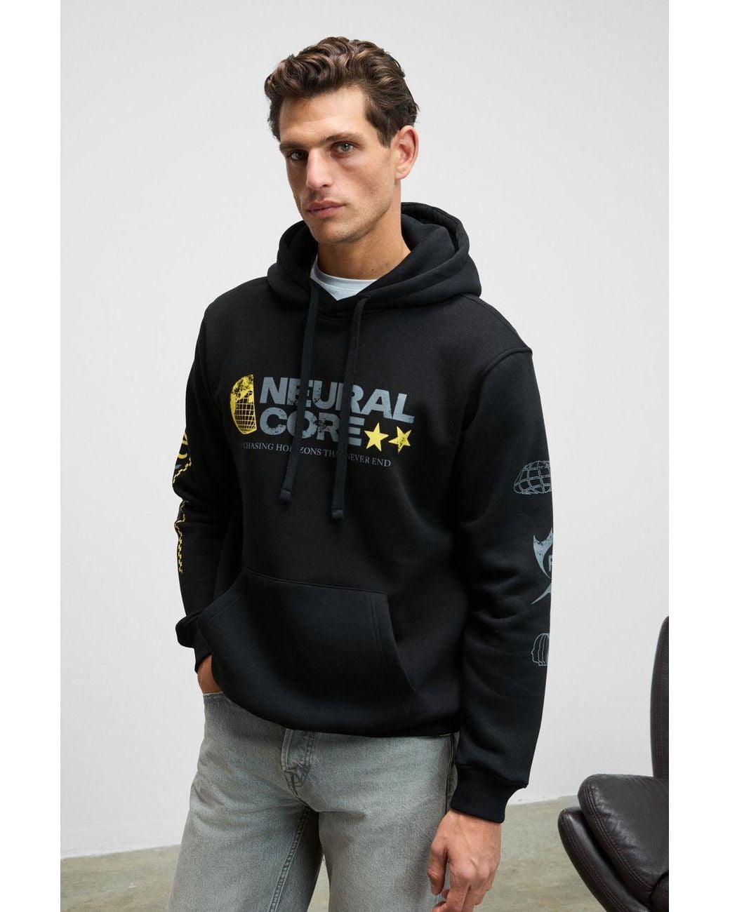 Grimelange Black Printed Hooded Drawstring Sweatshirt for men