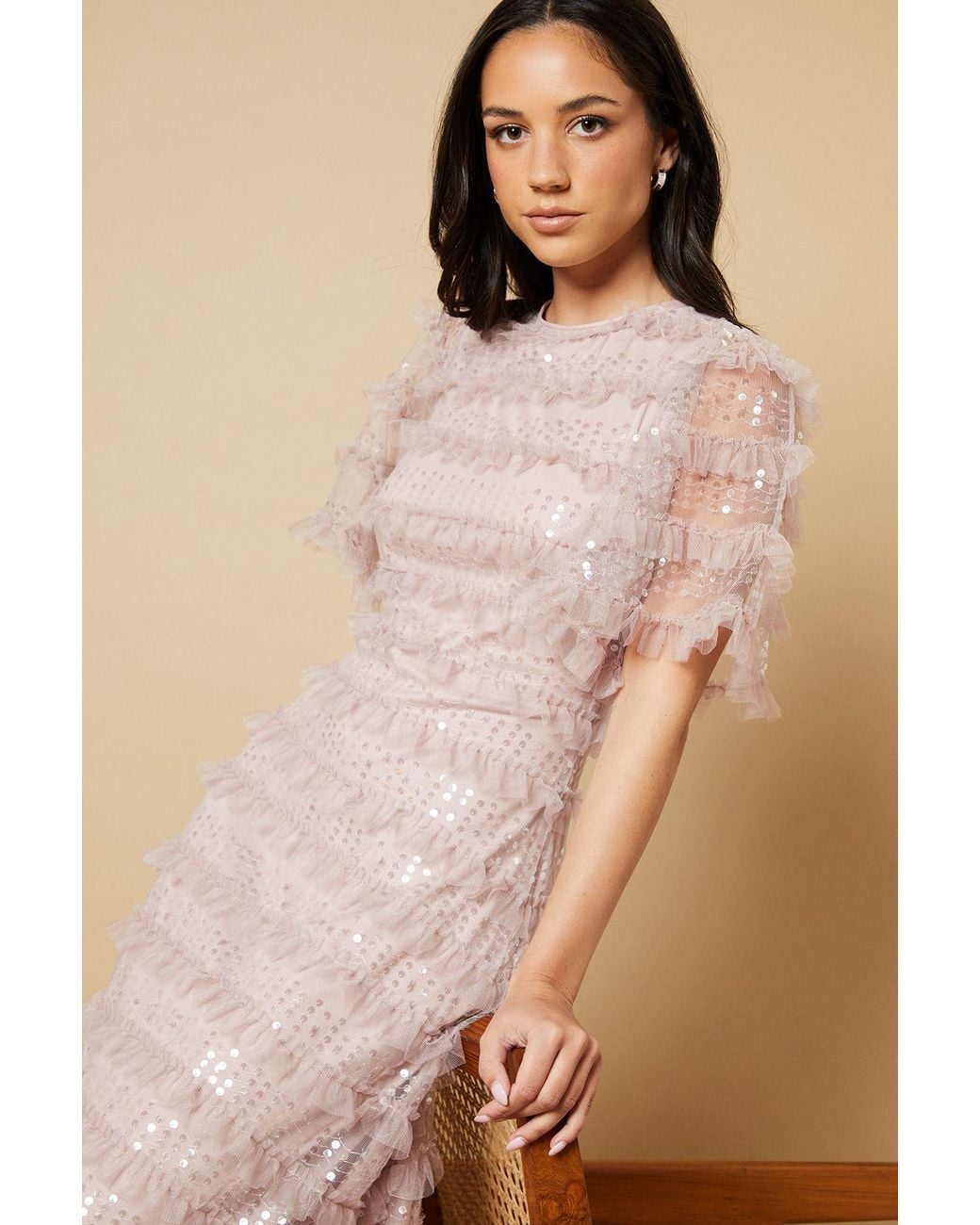 Oasis Natural Sequin Ruffle Detail Maxi Dress