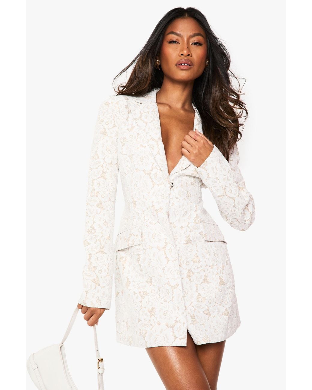 Boohoo White Lace Tailored Blazer Dress