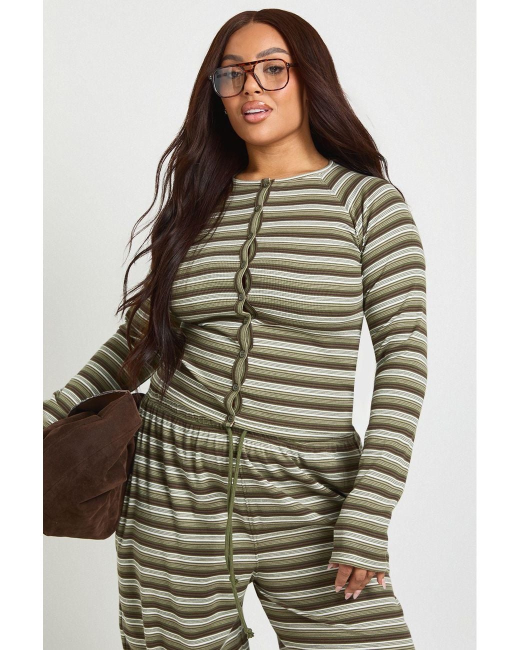 Boohoo Green Plus Stripe Button Down Long Sleeve Top