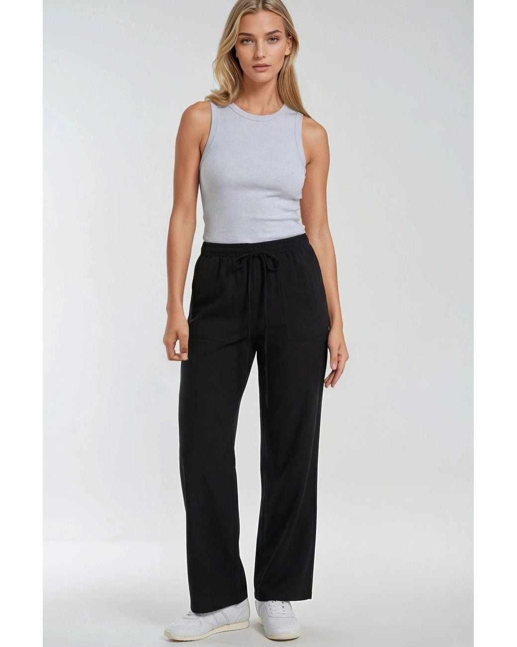 MixRay Black Mid Waist Straight Leg Cotton Pants With Tie Closure
