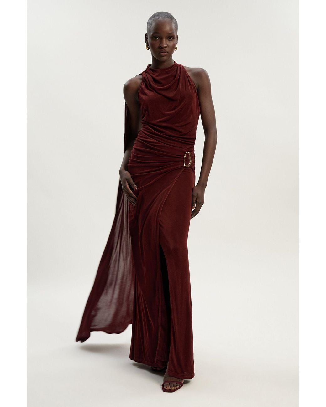Karen Millen Purple Premium Slinky Crepe High Neck Scarf Detail Maxi Dress