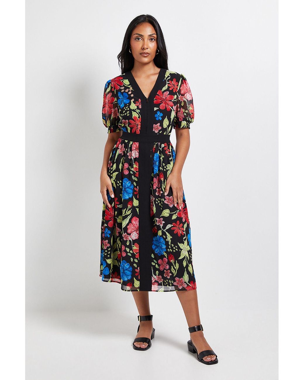 Wallis Blue Petite Floral Zip Puff Sleeve Midi Dress