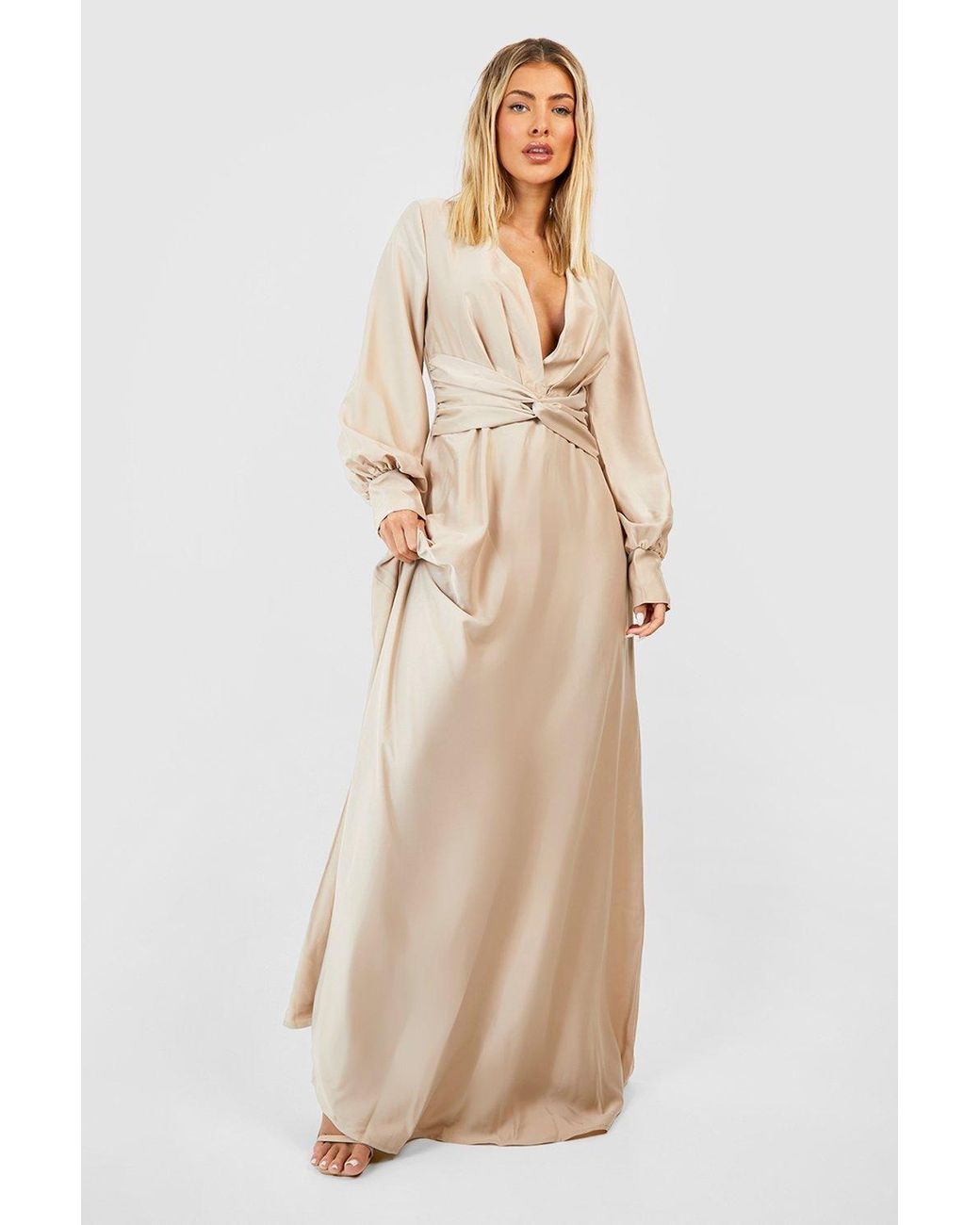 sachin and babi light blue dress Boohoo Occasion Satin Bow Front Fishtail Wedding Maxi Dress UK18 EU44  Champagne
