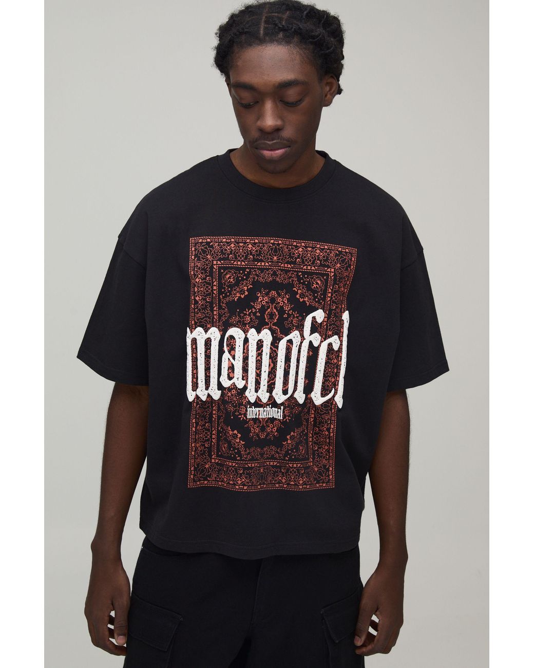 BoohooMAN Black Oversized Boxy Paisley Puff Print T-Shirt for men