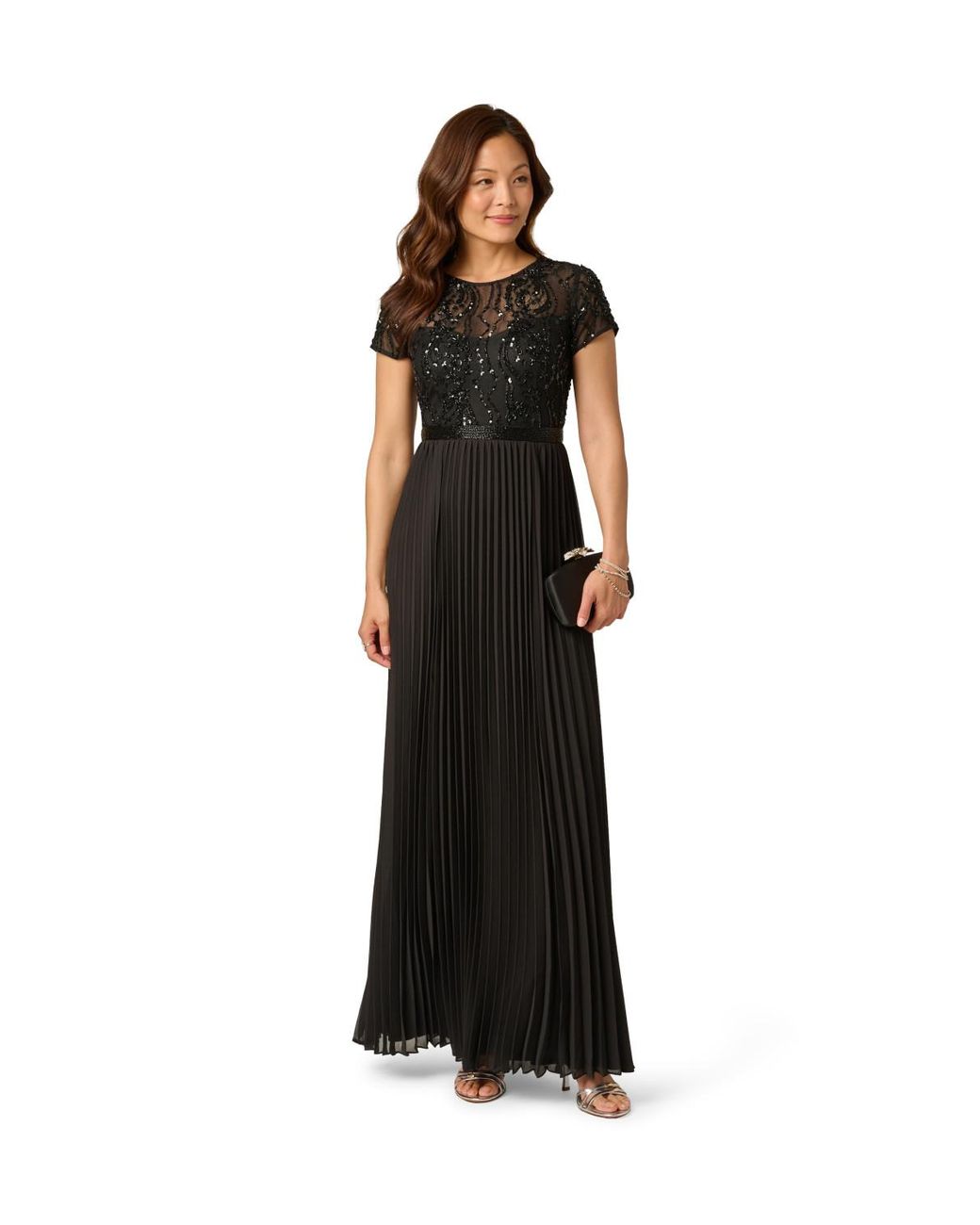 Adrianna Papell Black Bead Pleat Long Dress