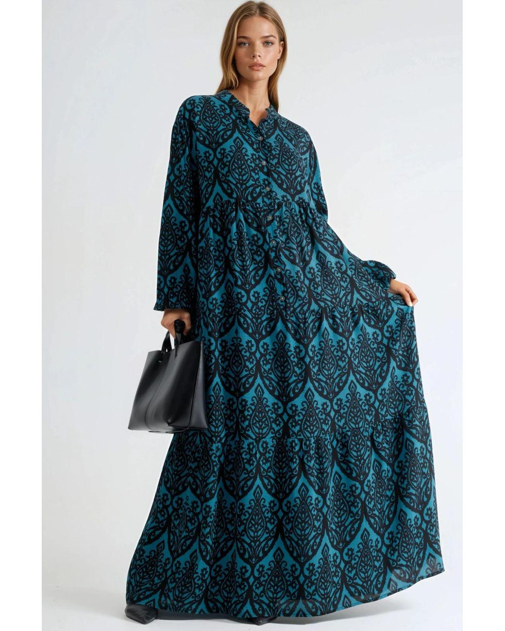 Hiccup Blue Comfort Fit Patterned Maxi Dress With V-Neck