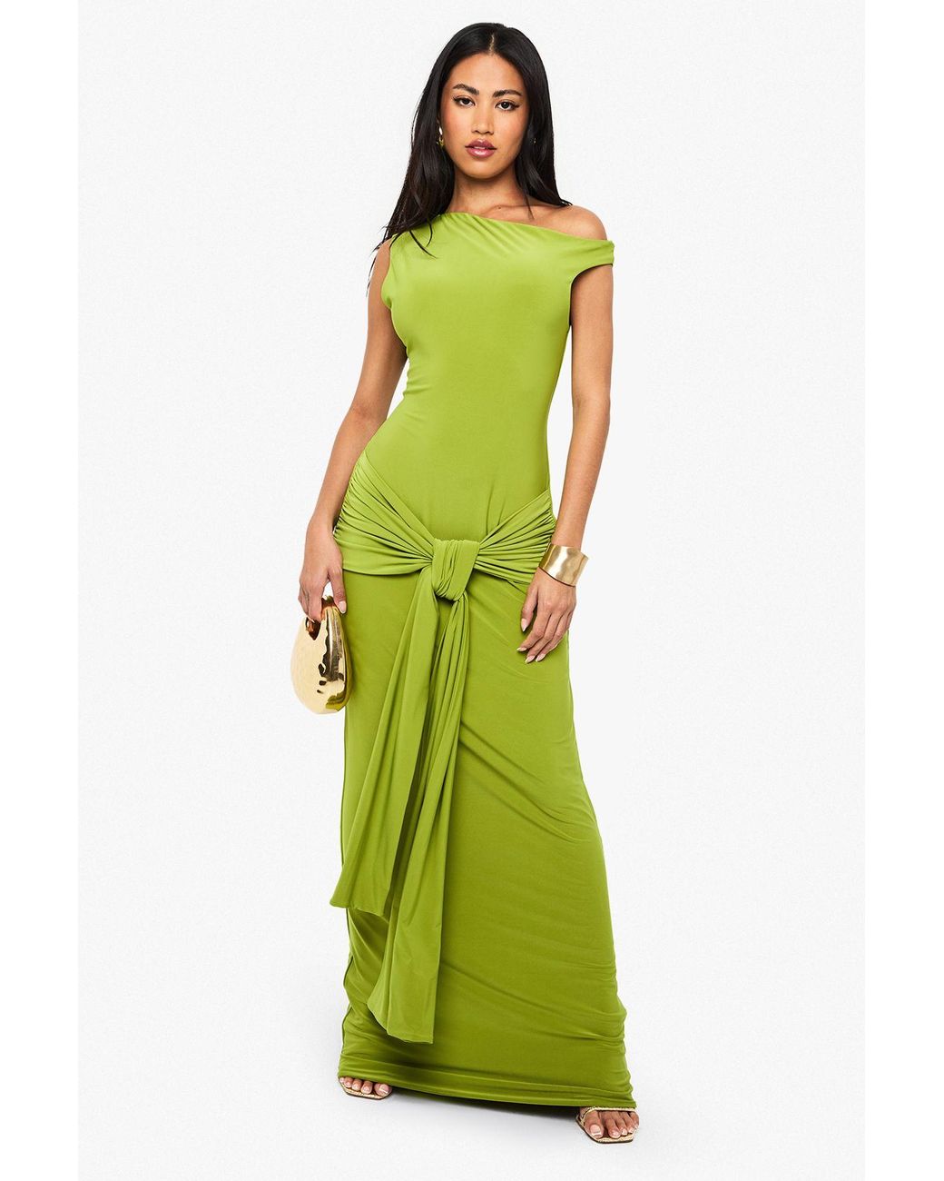 Boohoo Green Double Layer Asymmetric Wrap Detail Maxi Dress