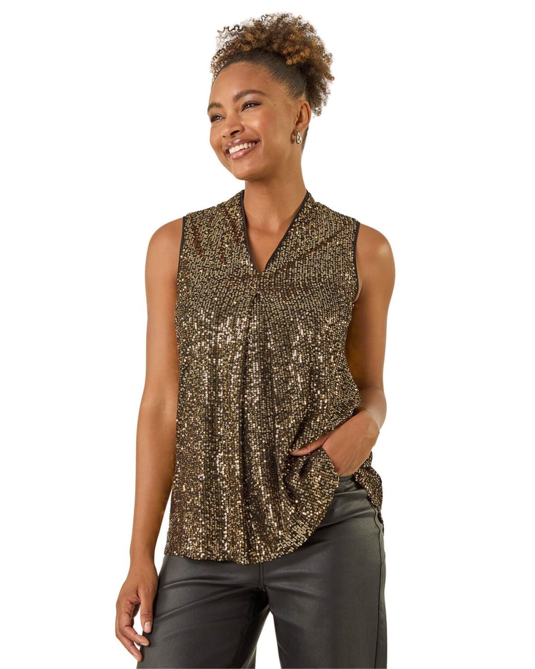 Roman Brown Sequin Pleat Front Vest Top