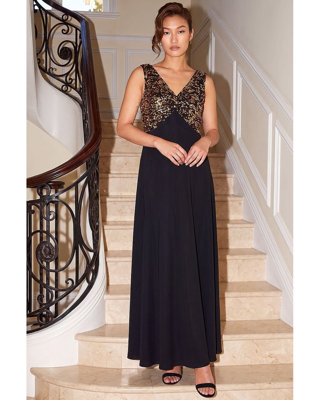 Roman Blue Sequin Velvet Bodice Maxi Dress