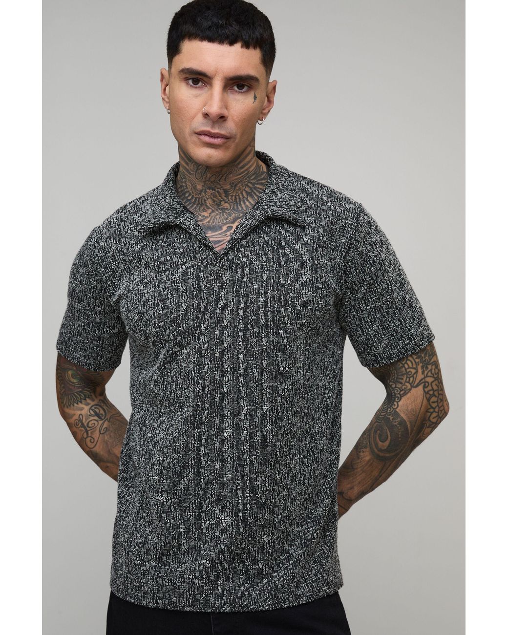 BoohooMAN Gray Tall Slim Revere Textured Polo for men