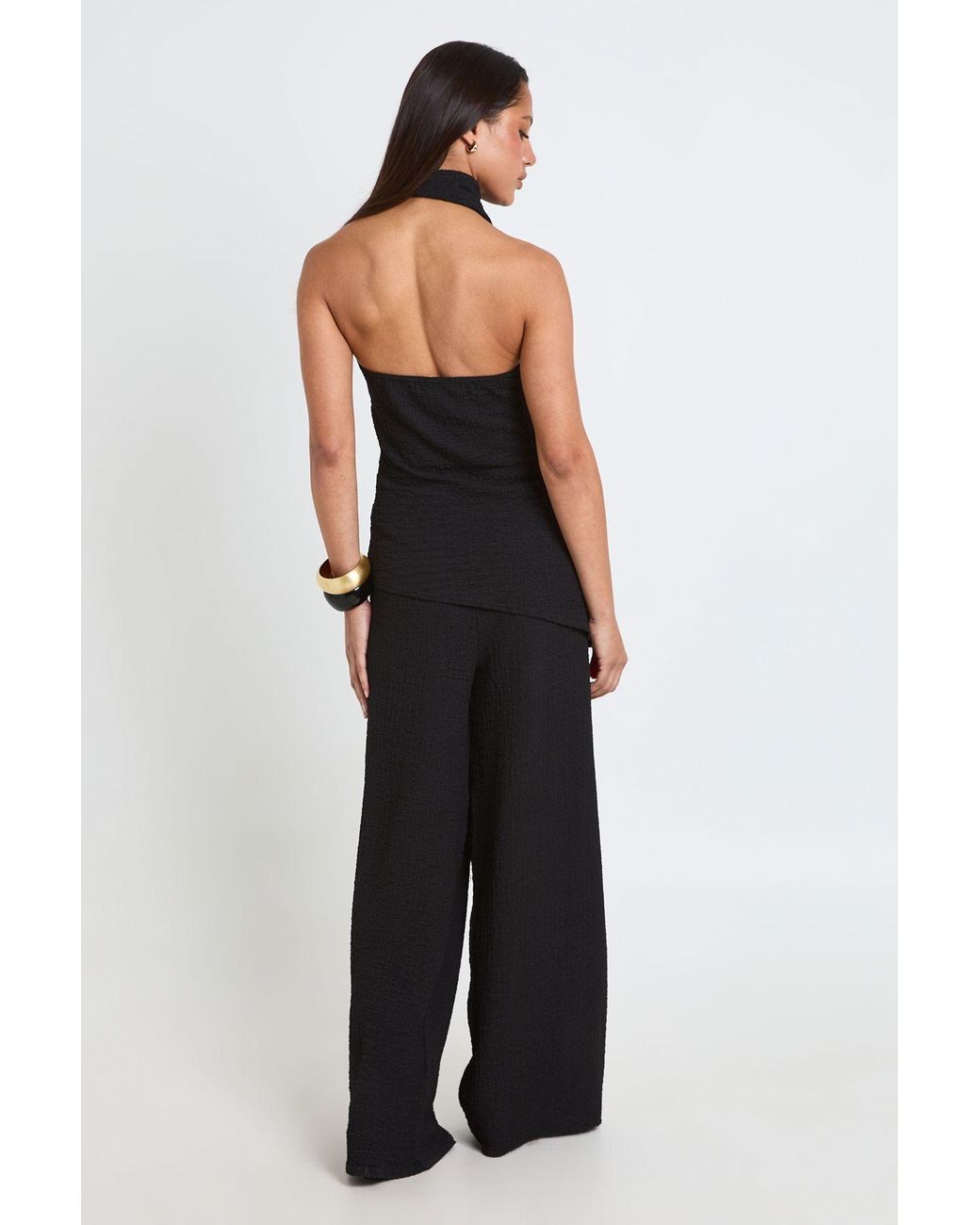 Boohoo Black Crinkle High Neck Long Line Top Trouser Co Ord
